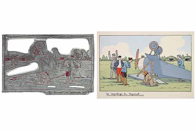 Gravure de Marcel Jeanjean « le capotage du caporal… » et sa matrice d’impression
